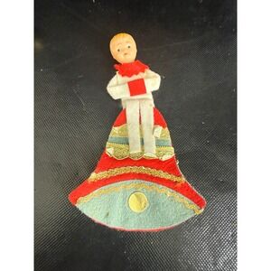 Vintage Japan Felt Choir Boy Doll Ornament Mid Century Christmas Red Green Gold